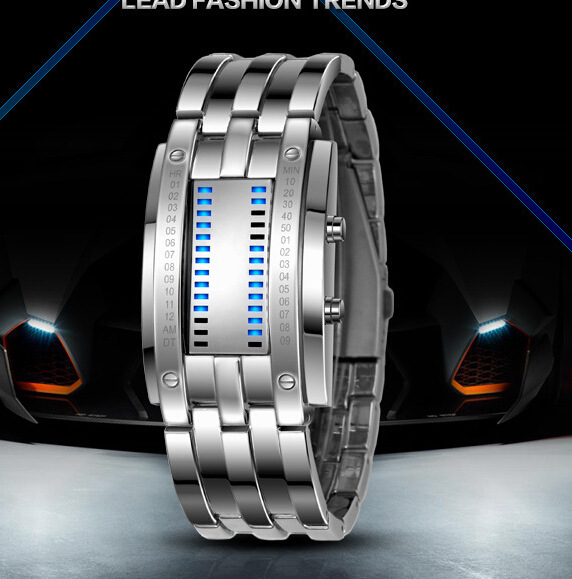"Visionar" Futuristic LED Time Display Mirror Glass Metal Watch