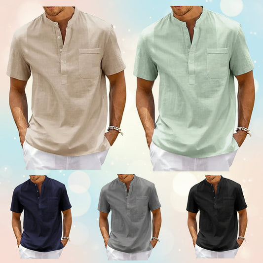 BreezeWear Cotton-Linen Henley Neck Short Sleeve Relaxed-Fit Shirt