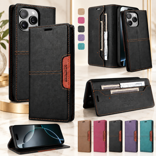 RFID Blocking Magnetic Leather Wallet Flip Case with Stand for iPhone