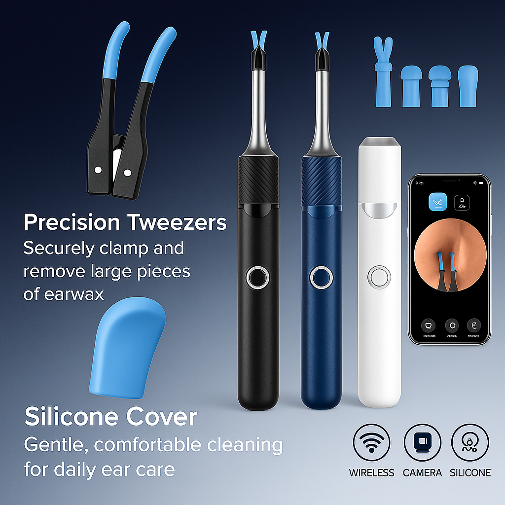 WiFi 3-in-1 Ear Otoscope- HD Camera 360° Precision Robotic Tweezer & Gentle Silicone Earpick
