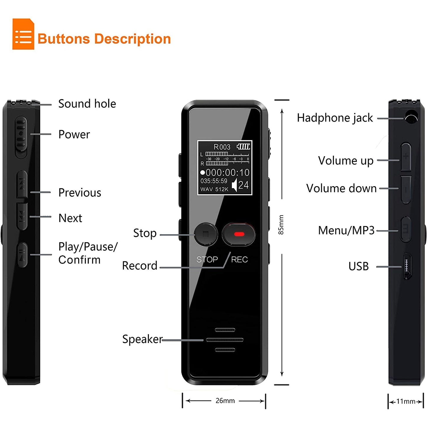 Vandlion™ V90 Digital Noise Reduction Smart Sound Recorder Dictaphone