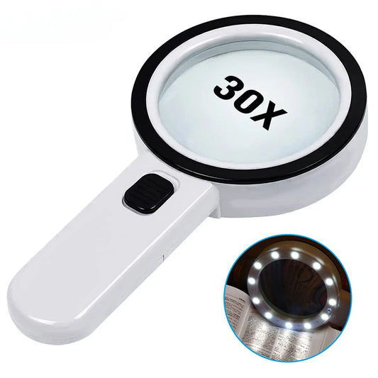 30X Handheld Illuminated Magnifier with 12 LED Lights