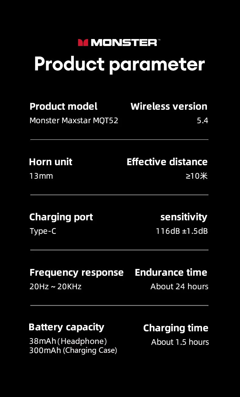 Monster Bluetooth 5.4 Dual Mode HIFI Stereo & HD Calls with Noise Reduction Earphones