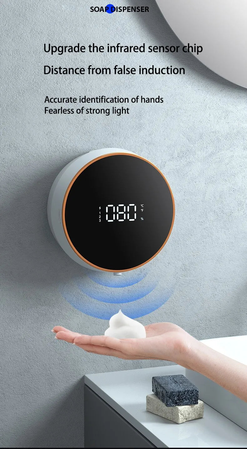 Touchless Wall Mount (Punch-Free ) Rechargeable Foam Soap Dispensers with LED Temperature Display