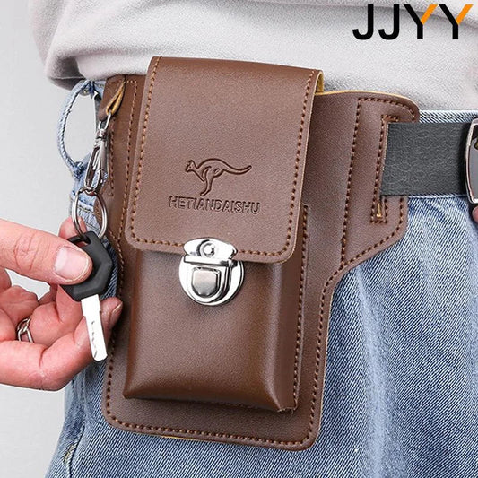 Vintage Multi-Layer Belt Phone Holster with Key Hook & Front Pocket