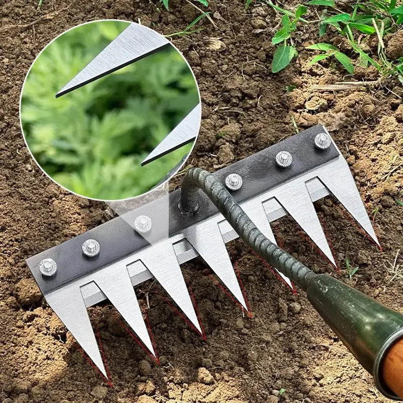 Multi-Tooth Carbon Steel Garden Rake for EZ Soil, Debris & Planting