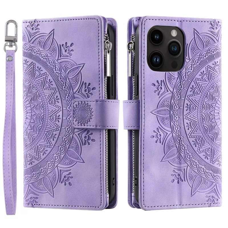 Full Screen Protection Deluxe Zipper Wallet Case with Foldable Kickstand for iPhone