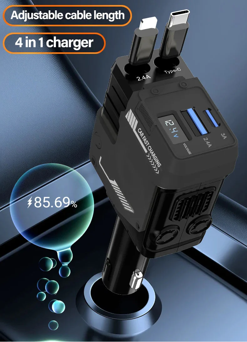 120W Super-Fast 4-in-1 Adjustable Retractable Car Charger with Digital Voltage Display
