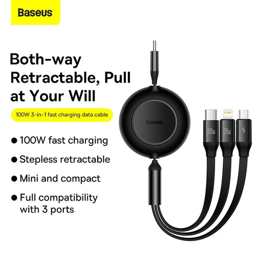 Baseus 3 in 1 (Type-C / Apple / Micro) Retractable Super Fast 100W Charger Cable