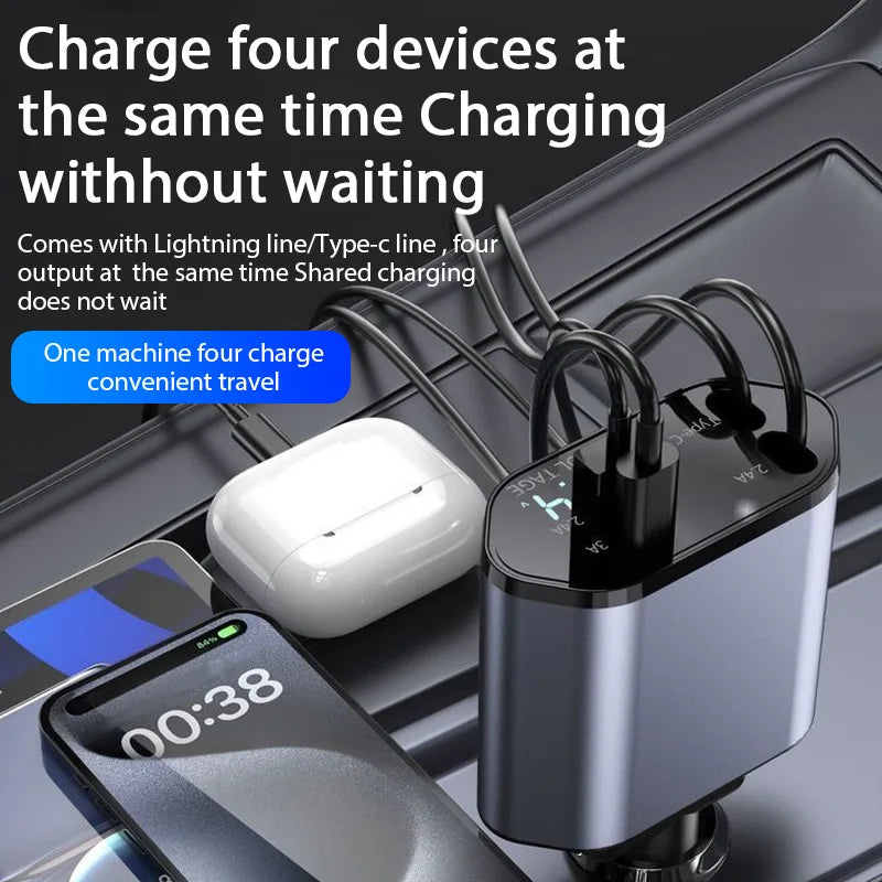 ClearCharge 4-in-1  Angle Adjustable 120W Car Power Hub with Retractable Cables & LED Display