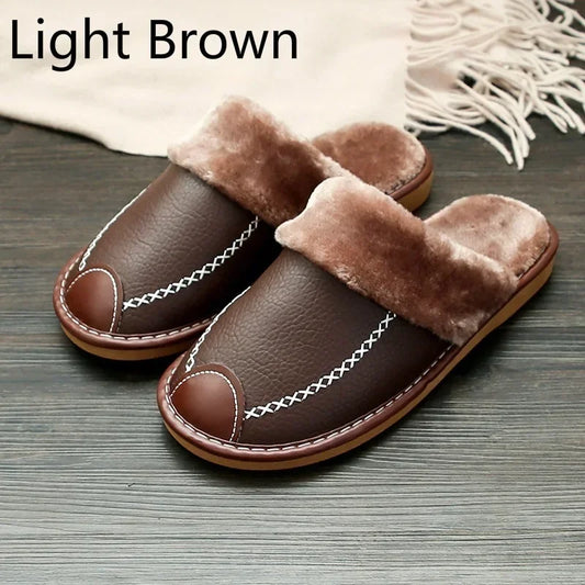 Winter Warm PU Leather Waterproof Slippers for Men