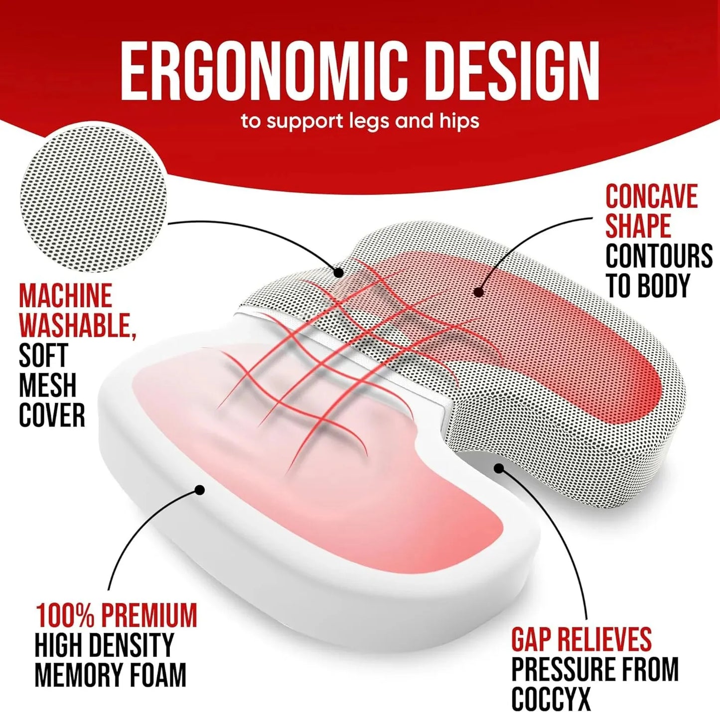 Ergonomic Dual-Layer Memory Foam + Cooling Gel Tailbone Pressure Relief Cushion