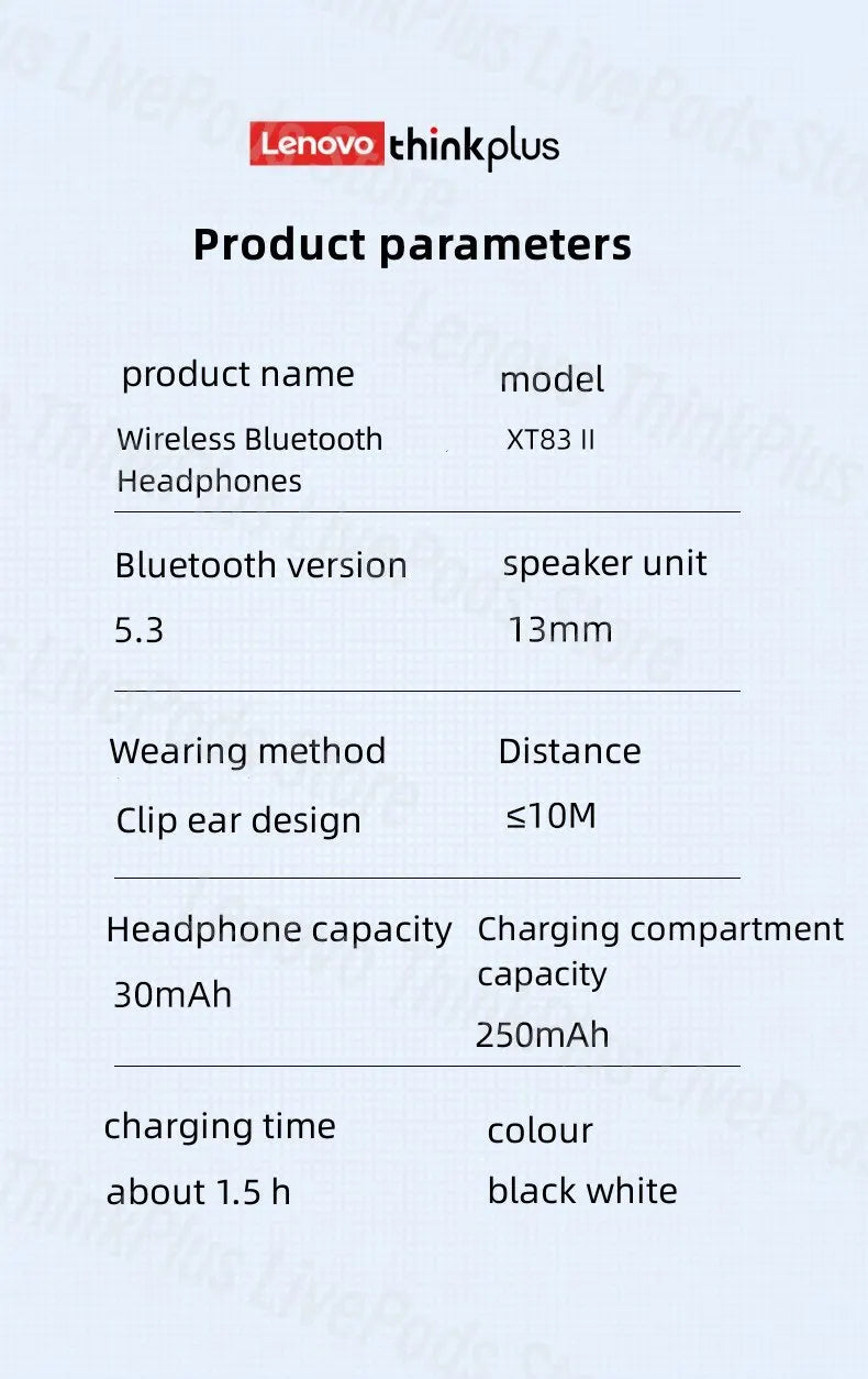 Lenovo XT83II Wireless Earclip Design Water-Resistant Sports Earbuds