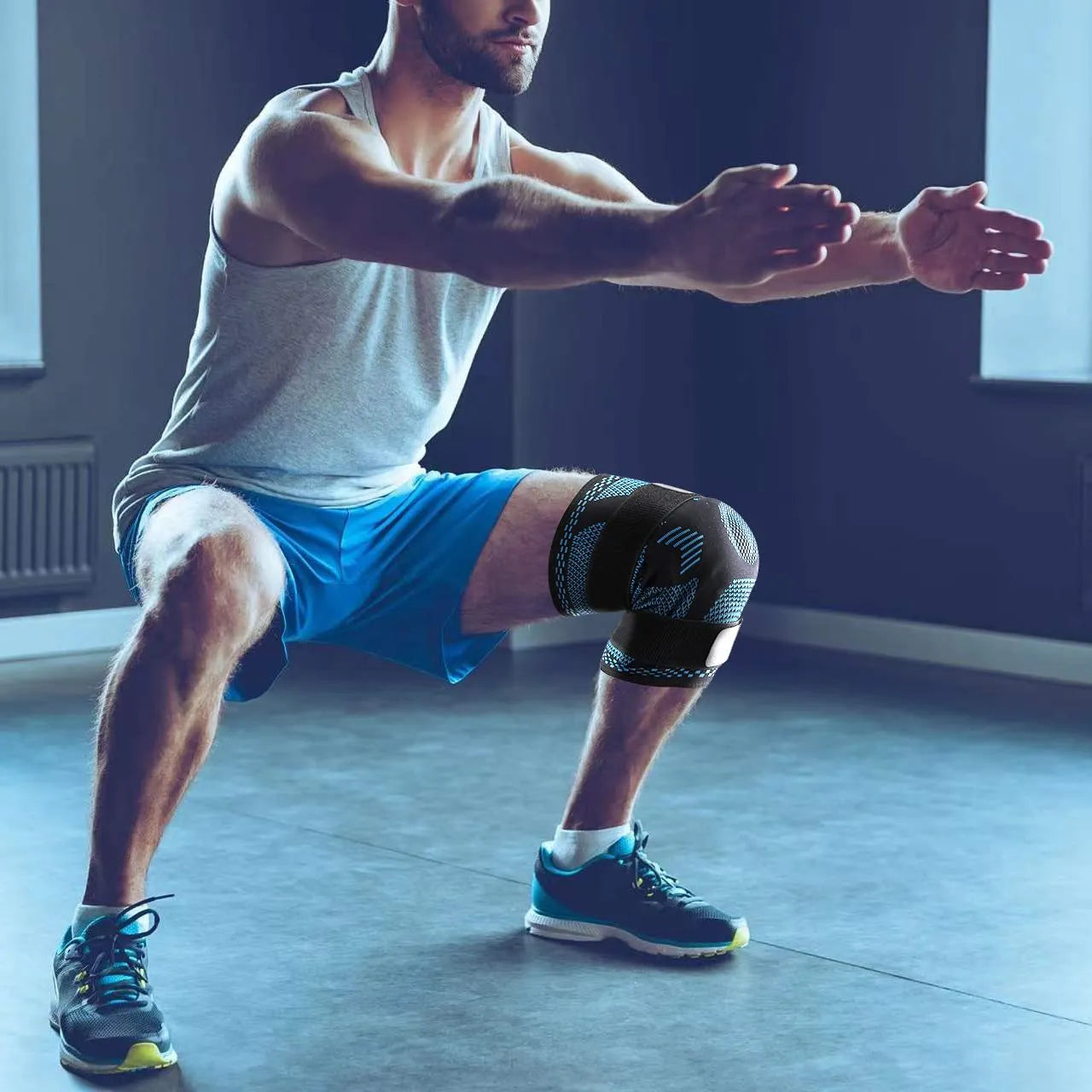 Knee Support Compression Gel Sleeve with Side Stabilizers & Velcro Straps
