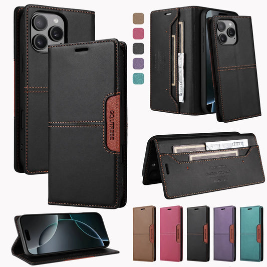 RFID Blocking Magnetic Leather Wallet Flip Case with Stand for iPhone