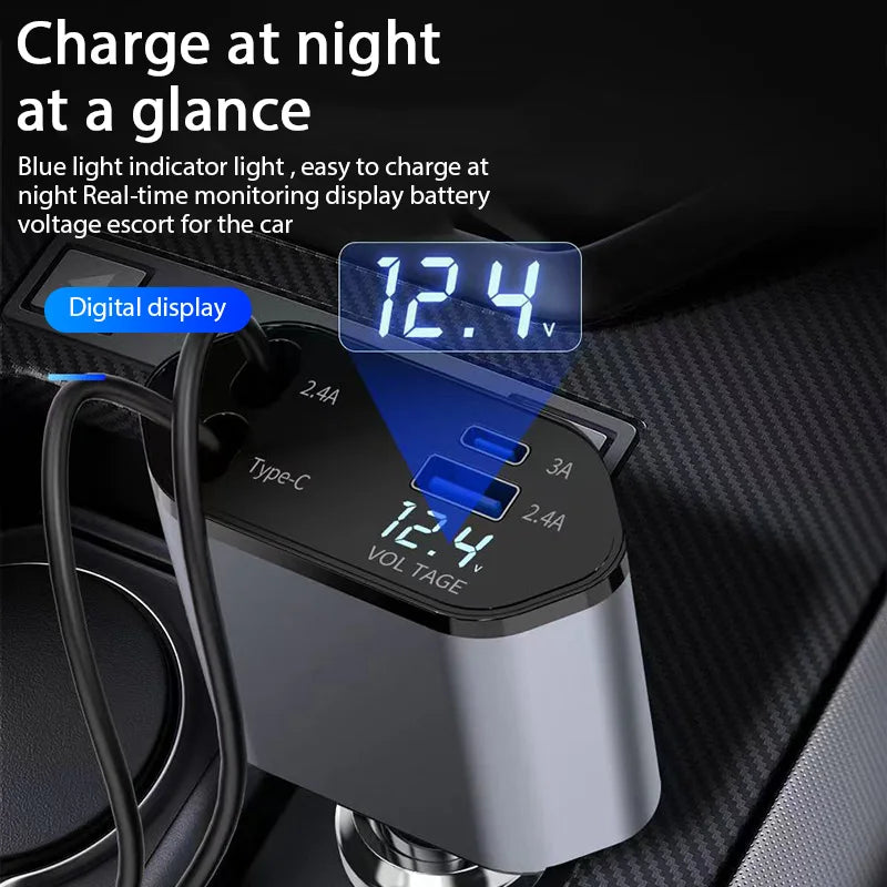 ClearCharge 4-in-1  Angle Adjustable 120W Car Power Hub with Retractable Cables & LED Display