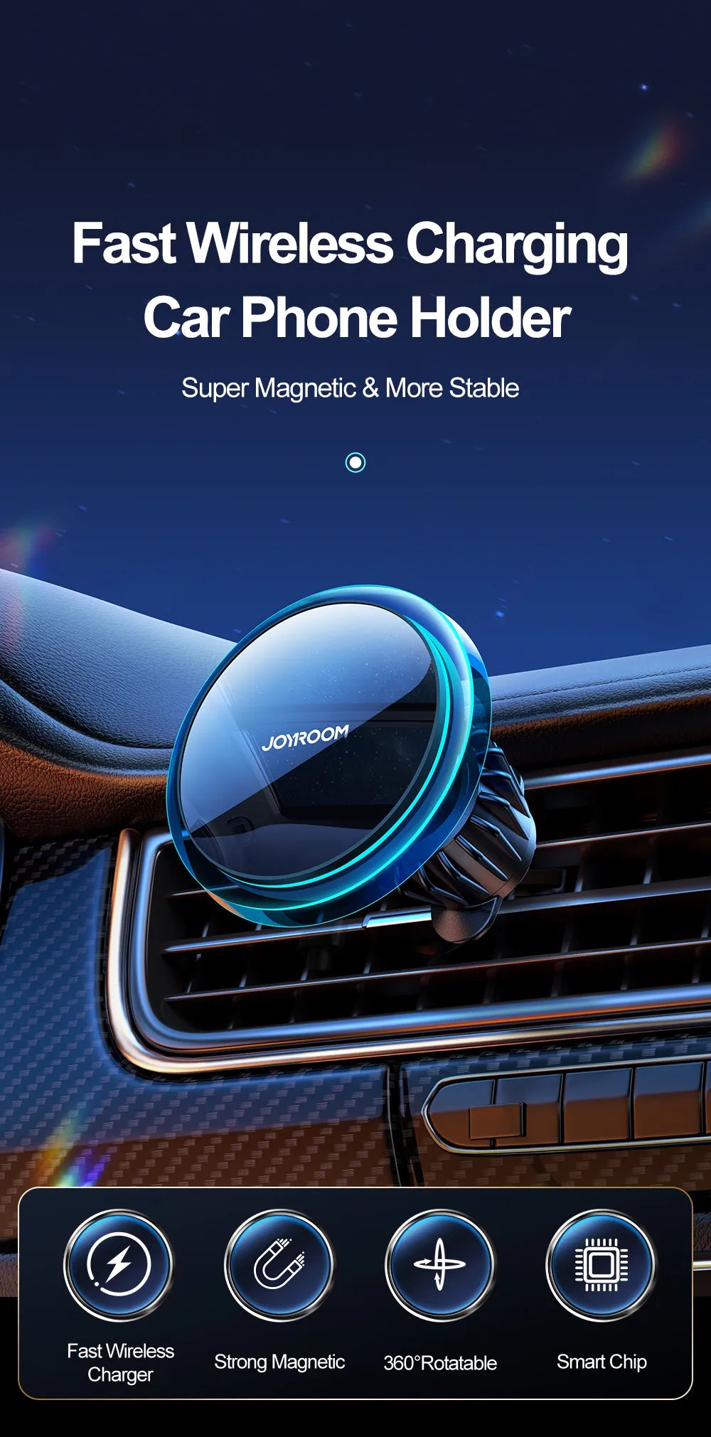 Magnetic Wireless Fast Charging Car Phone Mount With Blue Light