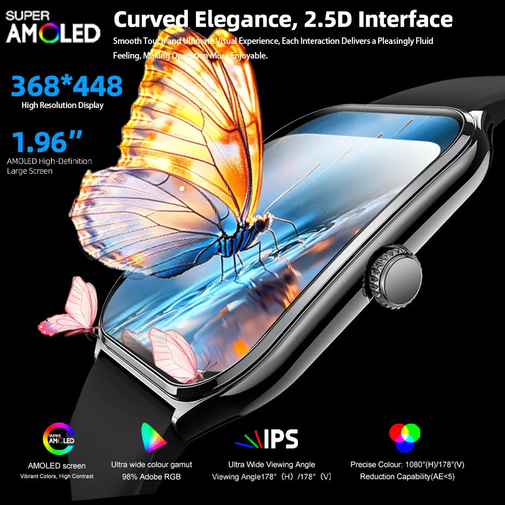Ultra-Thin and Lightweight Brilliant 1.96” AMOLED Display Health Monitoring Smartwatch