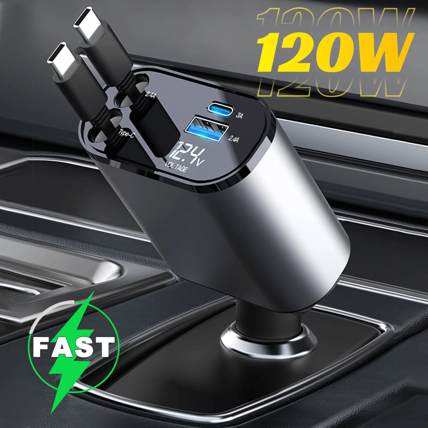ClearCharge 4-in-1  Angle Adjustable 120W Car Power Hub with Retractable Cables & LED Display