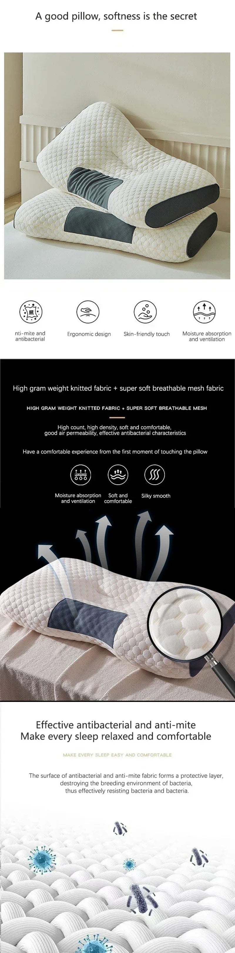 Cervical Support Orthopedic Neck Pillow with 3D Massage & Antibacterial Breathable Mesh