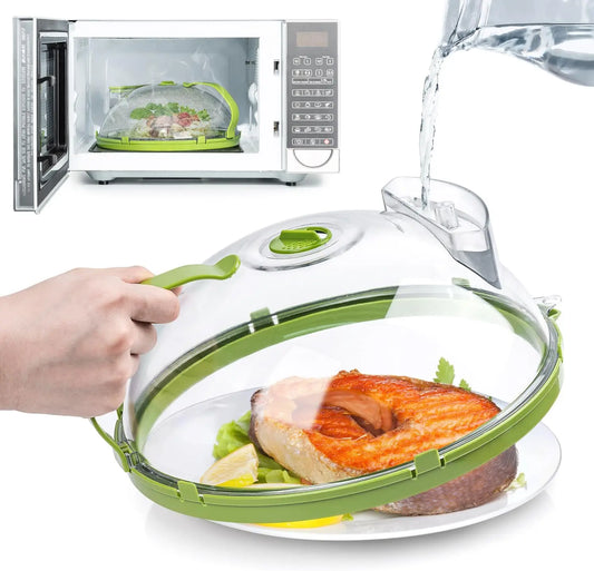 MoistureLock Smart Microwave Splatter Cover with Built-in Hydration for Soft & Juicy Food