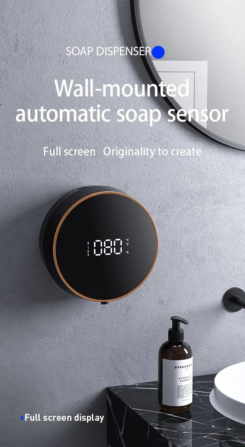 Touchless Wall Mount (Punch-Free ) Rechargeable Foam Soap Dispensers with LED Temperature Display