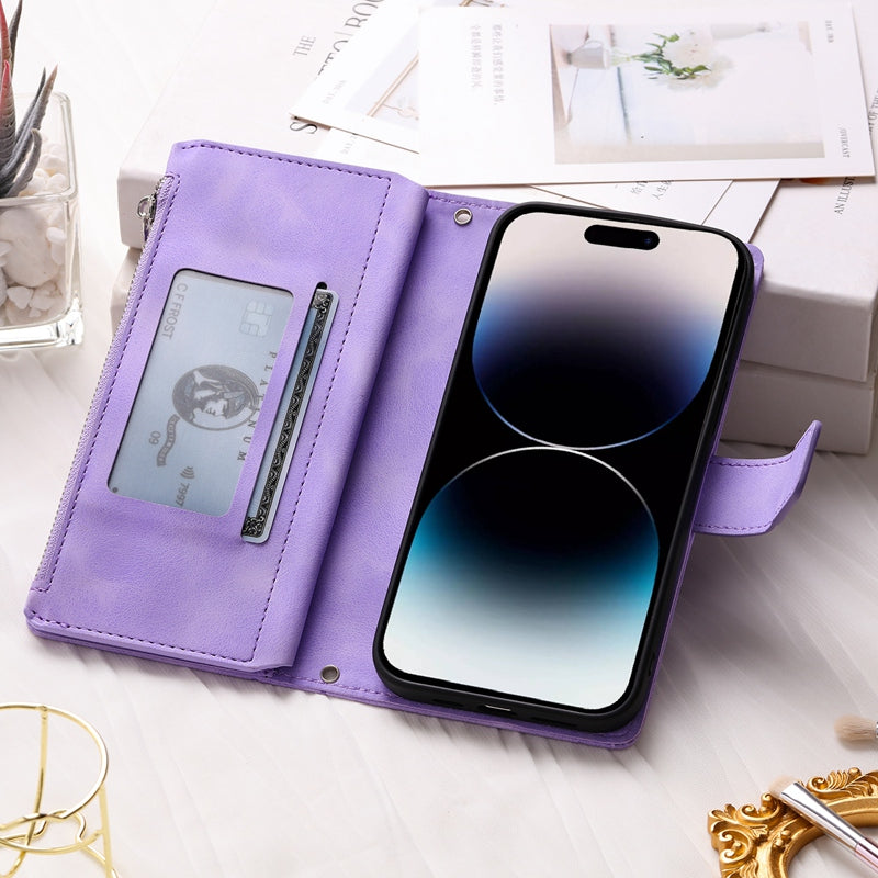 Full Screen Protection Deluxe Zipper Wallet Case with Foldable Kickstand for iPhone