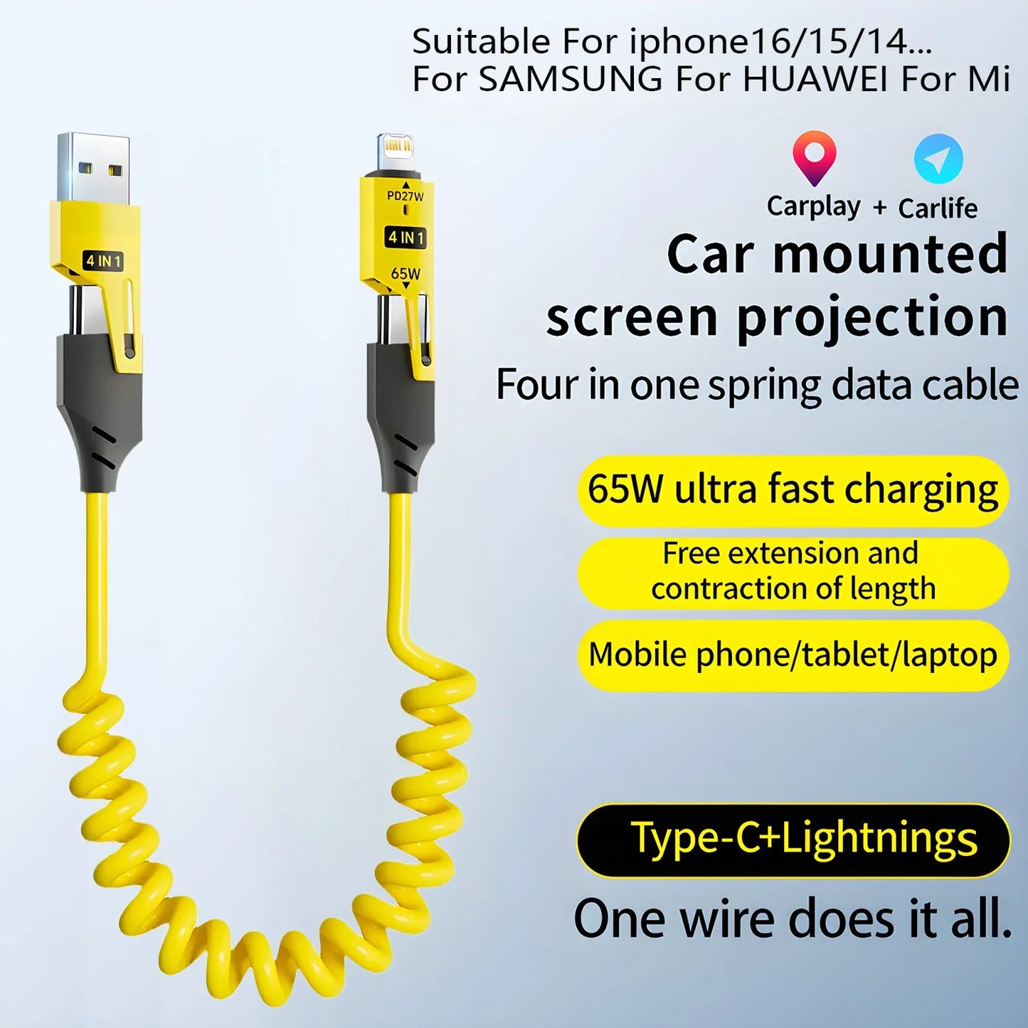 Fast Charging 65W Tangle-Free 4-in-1 Rotating Head 6A High-Speed Cable