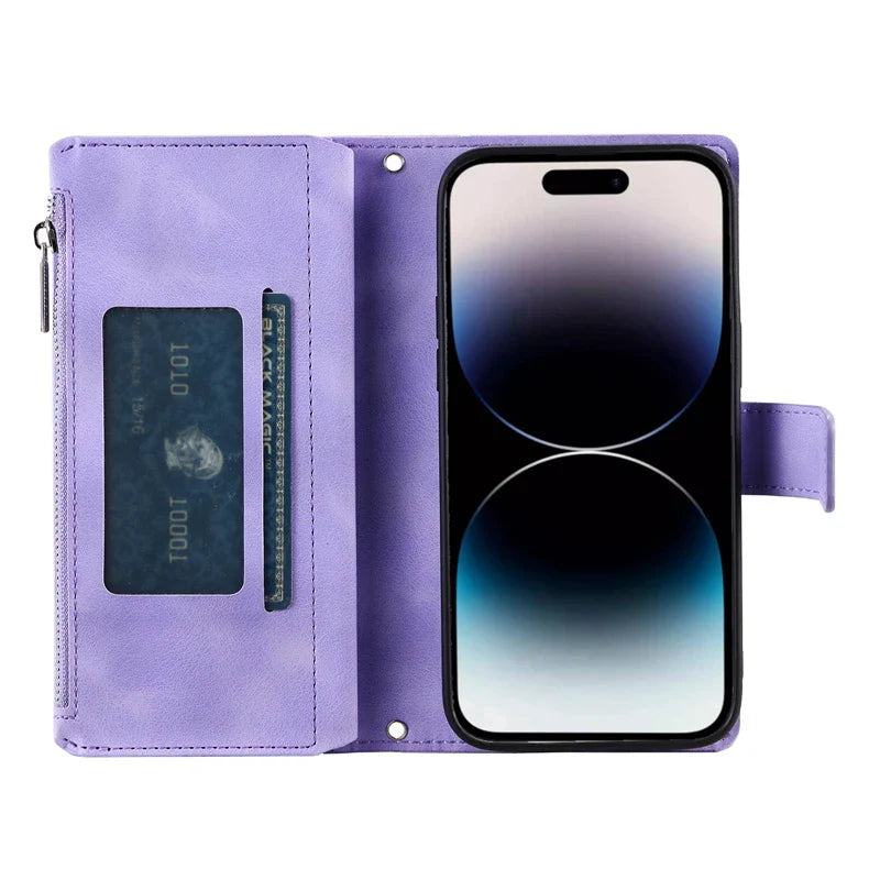Full Screen Protection Deluxe Zipper Wallet Case with Foldable Kickstand for iPhone