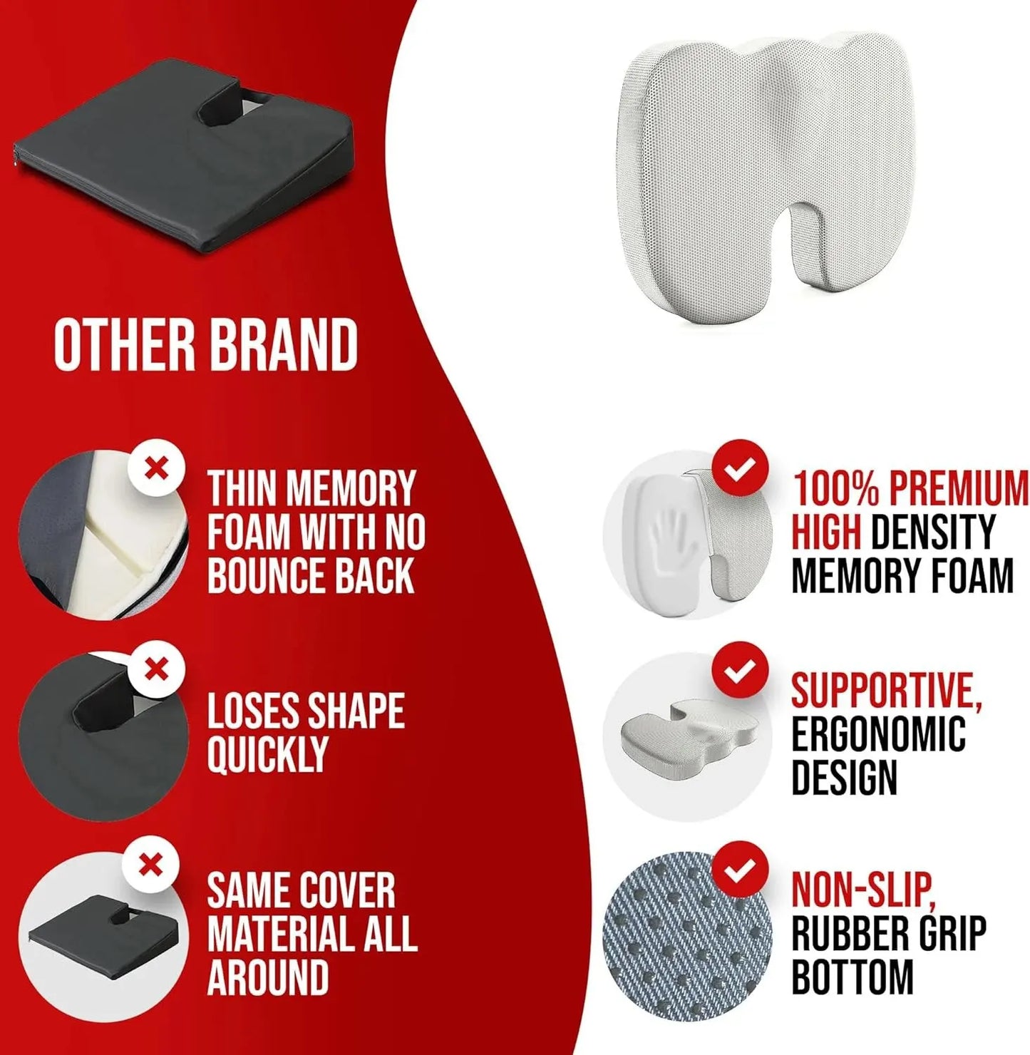 Ergonomic Dual-Layer Memory Foam + Cooling Gel Tailbone Pressure Relief Cushion