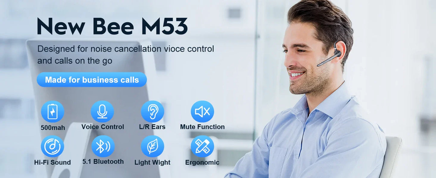 Bee M53 Dual-Mic Noise Cancelling Hi-Fi Audio Lightweight Headset with Charging Case