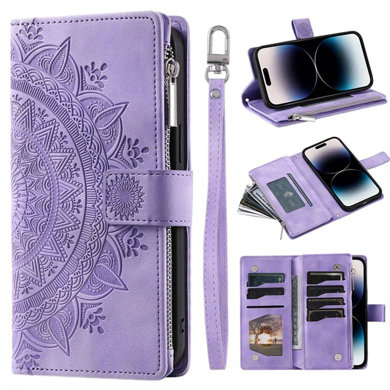 Full Screen Protection Deluxe Zipper Wallet Case with Foldable Kickstand for iPhone