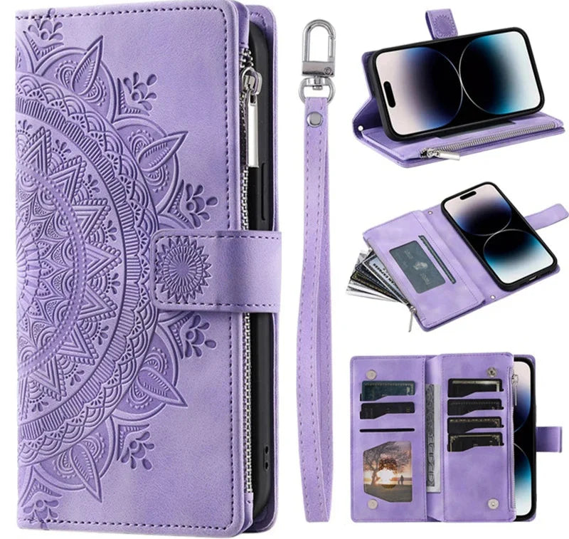 Full Screen Protection Deluxe Zipper Wallet Case with Foldable Kickstand for iPhone