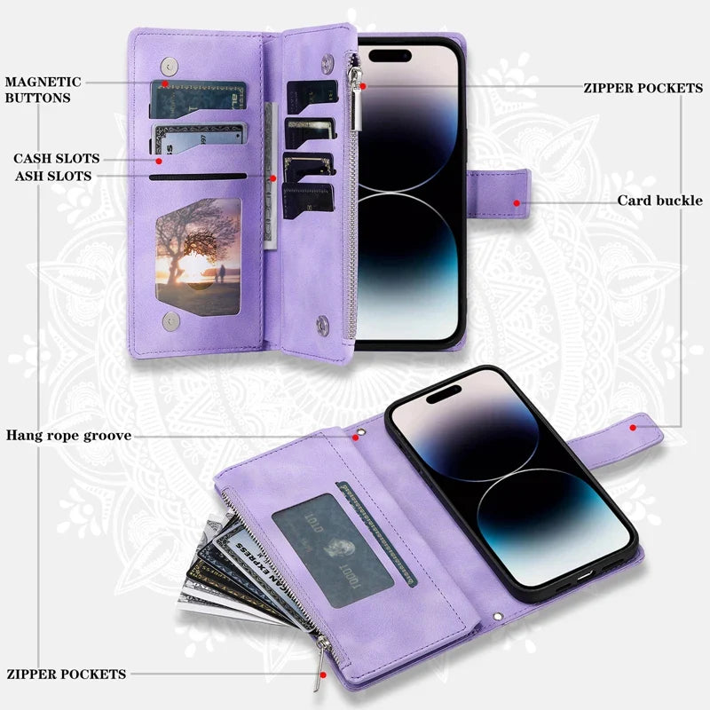 Full Screen Protection Deluxe Zipper Wallet Case with Foldable Kickstand for iPhone