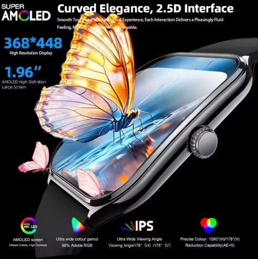 Ultra-Thin and Lightweight Brilliant 1.96” AMOLED Display Health Monitoring Smartwatch