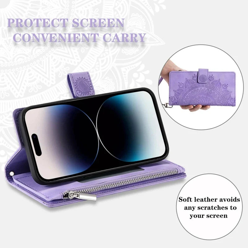 Full Screen Protection Deluxe Zipper Wallet Case with Foldable Kickstand for iPhone