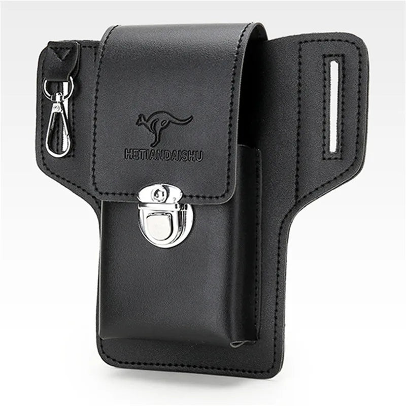 Vintage Multi-Layer Belt Phone Holster with Key Hook & Front Pocket