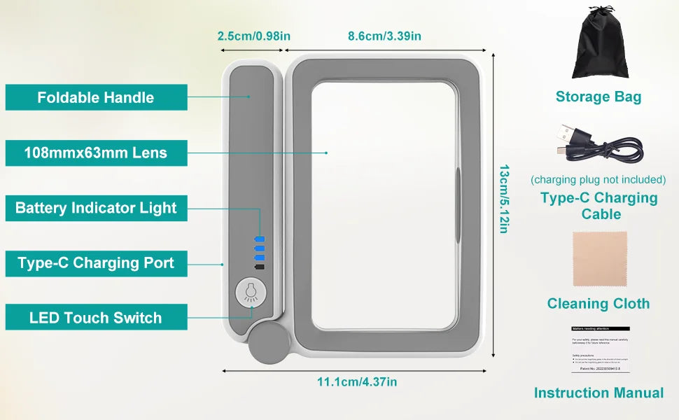Rechargeable HD x4 Folding Elderly Reading Magnifier with LED Lights