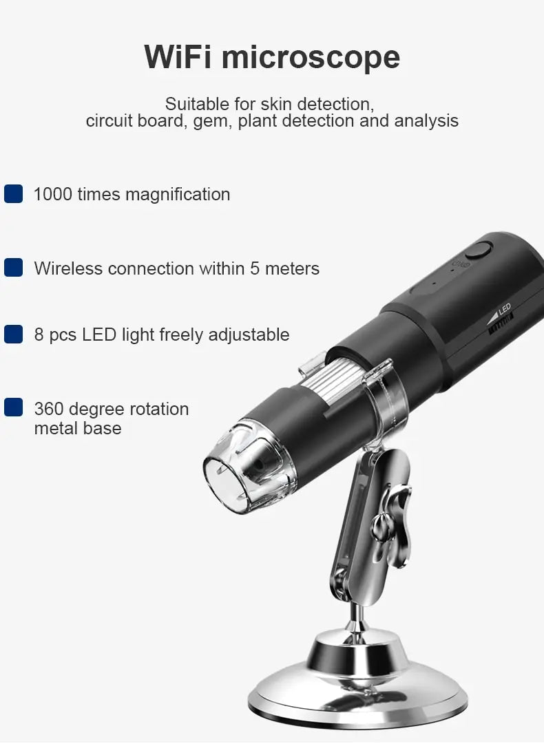 Wifi Digital Microscope 50X-1600X Magnification With Adjustable Stand for IOS & Android