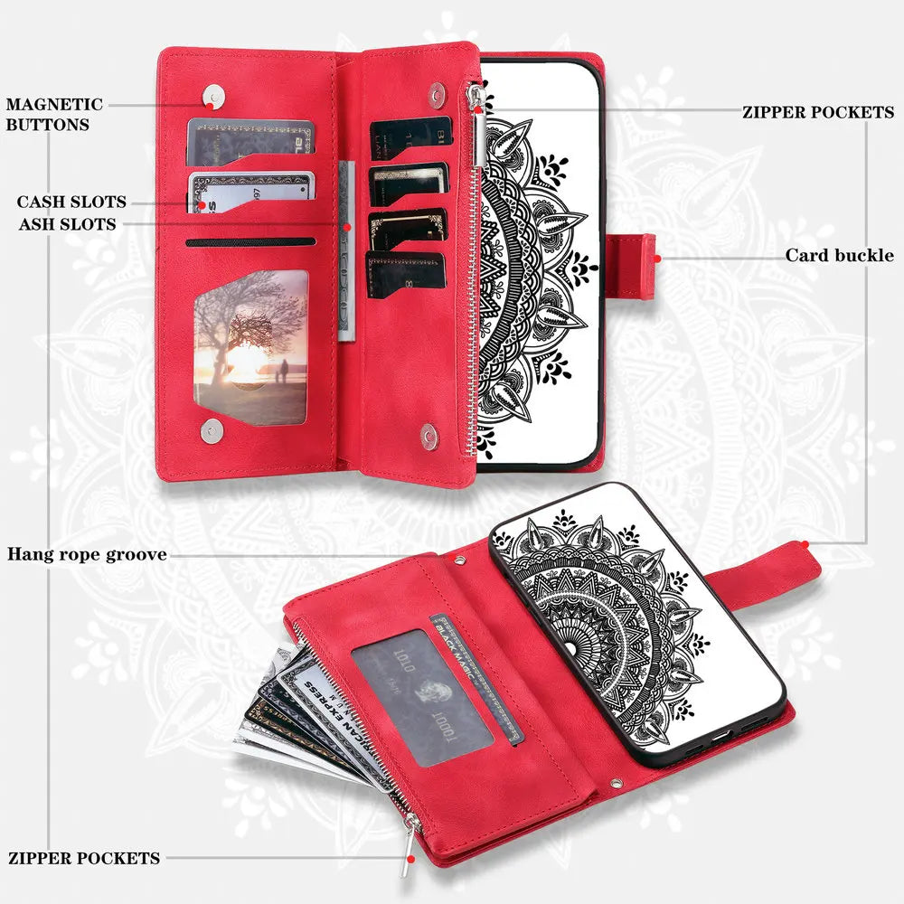 Full Screen Protection Deluxe Zipper Wallet Case with Foldable Kickstand for iPhone