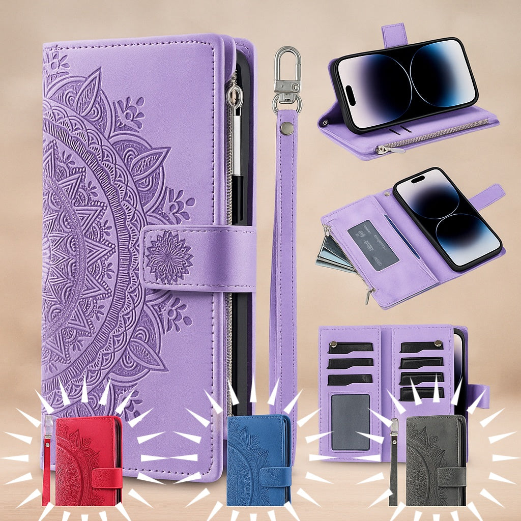 Full Screen Protection Deluxe Zipper Wallet Case with Foldable Kickstand for iPhone
