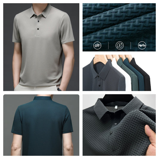 Short-Sleeve Plaid Pattern Ice Silk Polo Shirt