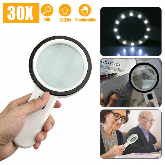 30X Handheld Illuminated Magnifier with 12 LED Lights