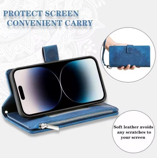 Full Screen Protection Deluxe Zipper Wallet Case with Foldable Kickstand for iPhone