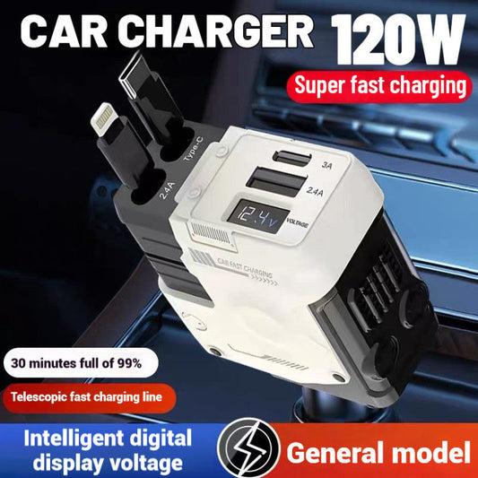 120W Super-Fast 4-in-1 Adjustable Retractable Car Charger with Digital Voltage Display