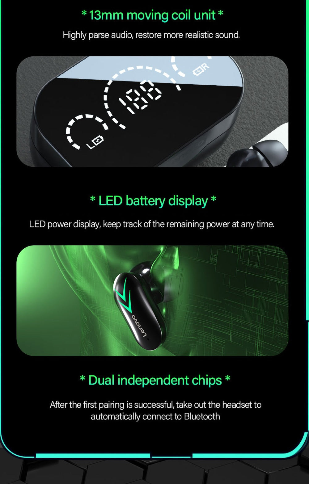 Lenovo™ Wireless Bluetooth HiFi Surround Sound Earphones