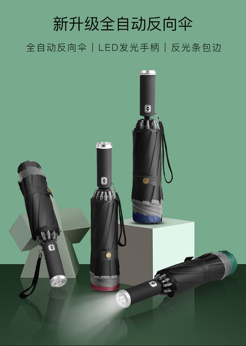 Fully Automatic Reverse Umbrella With LED Flashlight
