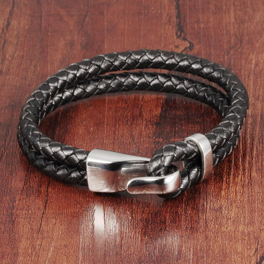 Duexes - Double Layer Black Leather Bracelet - Indigo-Temple