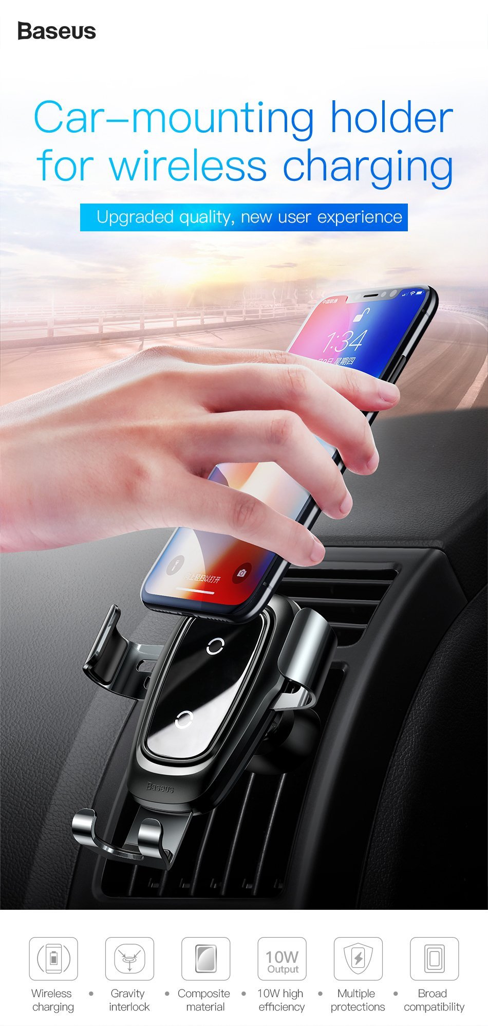 Baseus™ Gravity Auto-lock Car Mount With 10W Wireless QI Charger