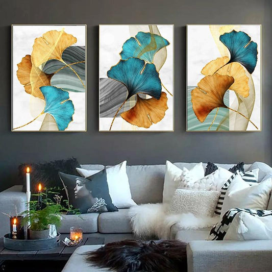 Green, Blue & Golden Ginkgo Biloba Leaves Canvas